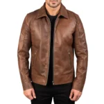 Reeves Men's Brown Shirt Collar Leather Biker Jacket