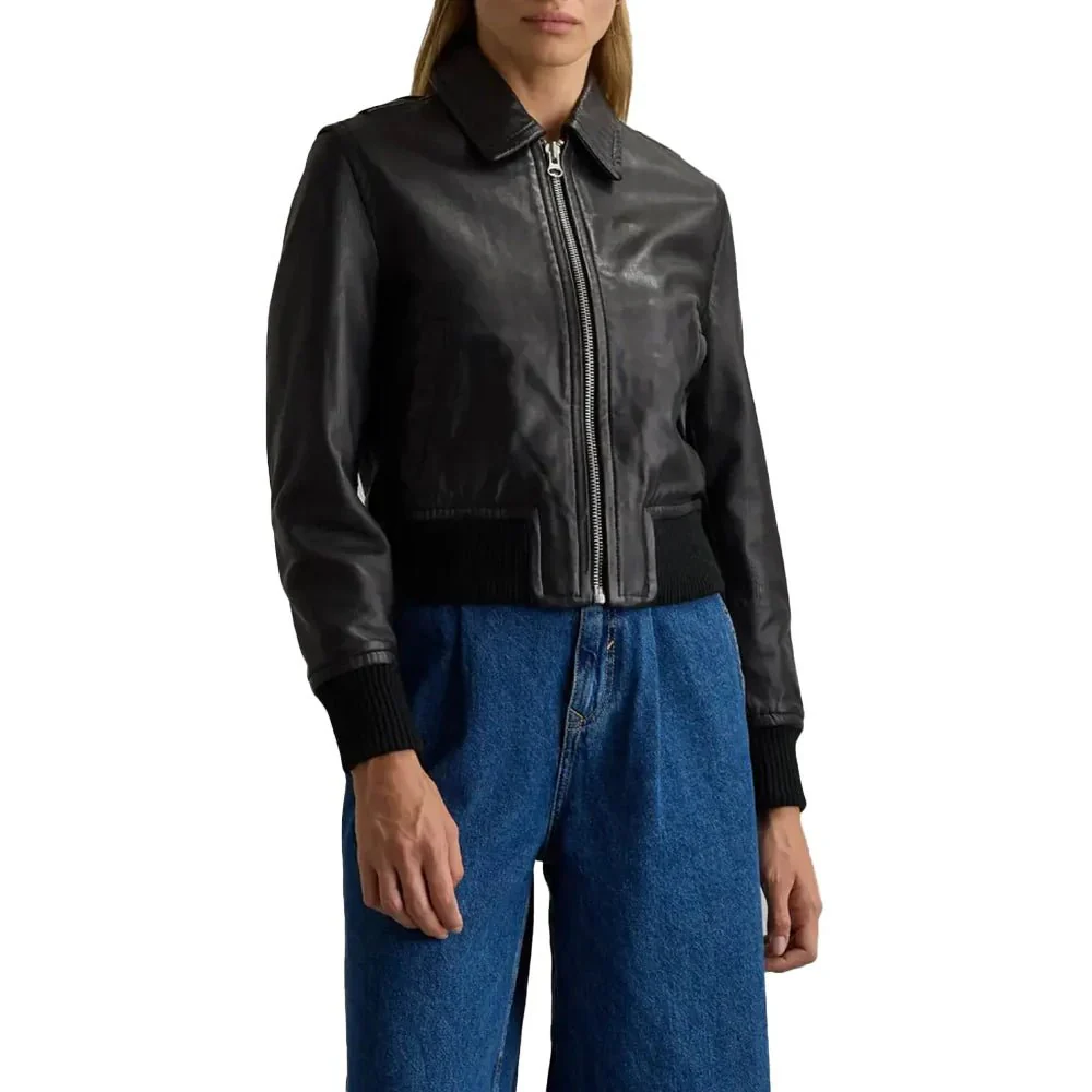 1 (6) Cropped Black Leather Ladies Bomber Jacket - Image 1