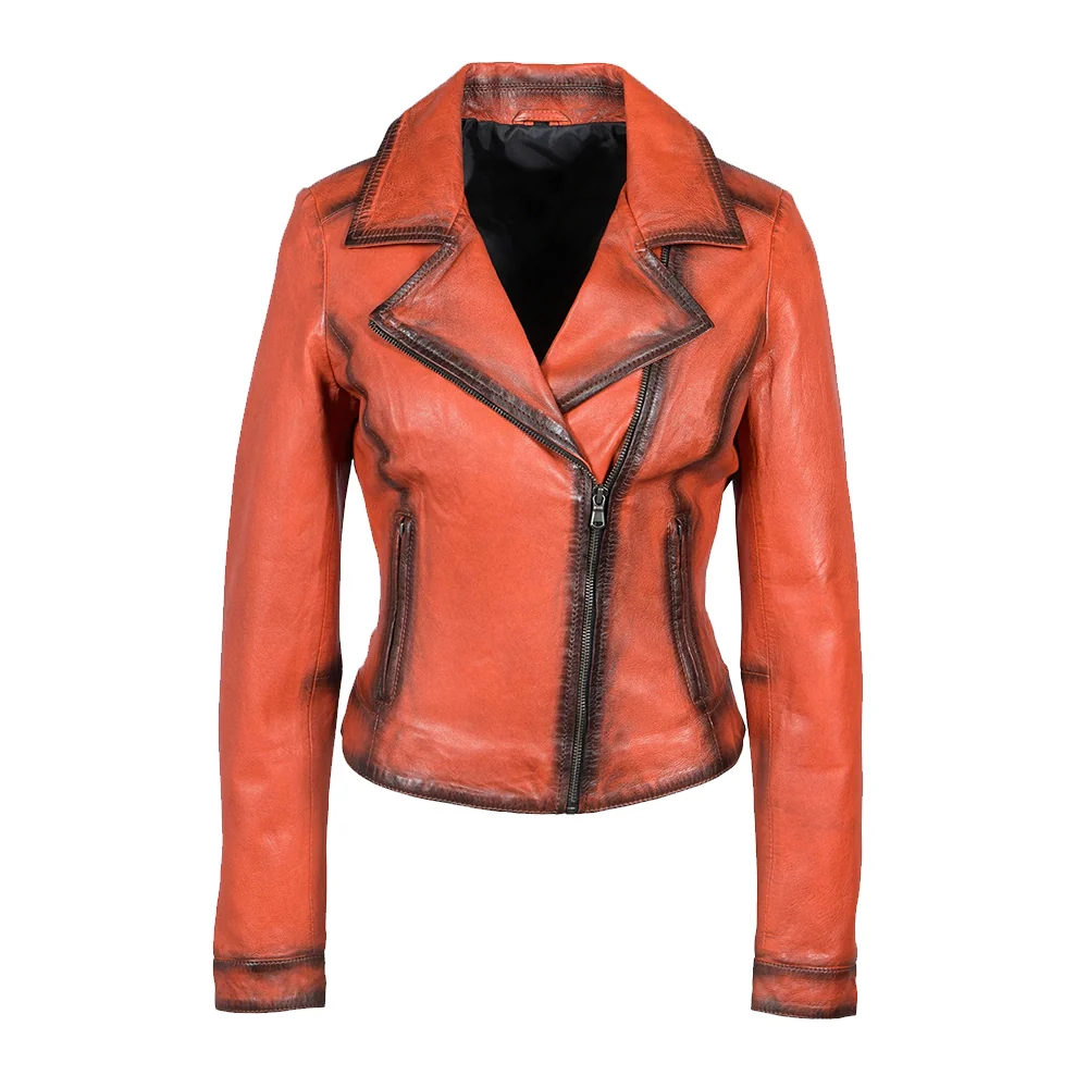 10 (1) Women's Biker Orange Leather Jacket - Image 1
