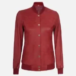Women's Rib Knit Style Leather Maroon Bomber Jacket