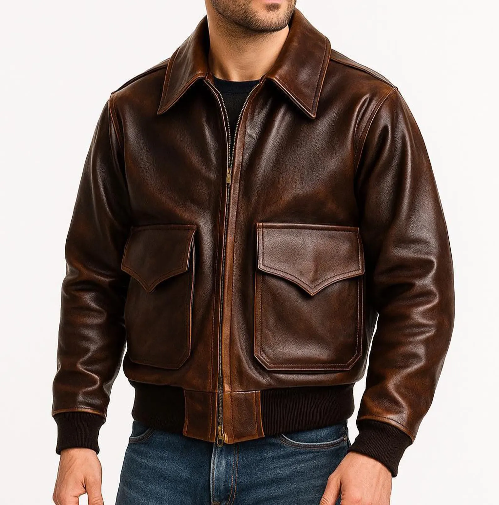 13 (1) Men's Handmade Genuine Leather Bomber Jacket Aviator Coat Flight Retro Outerwear - Image 1