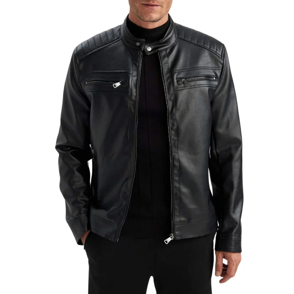 13 (2) Men's Black Quilted Biker Leather Jacket - Image 1