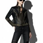 Handmade Studded Black Leather Jacket • Gold Stud Embellished Women’s Designer Statement Biker Coat