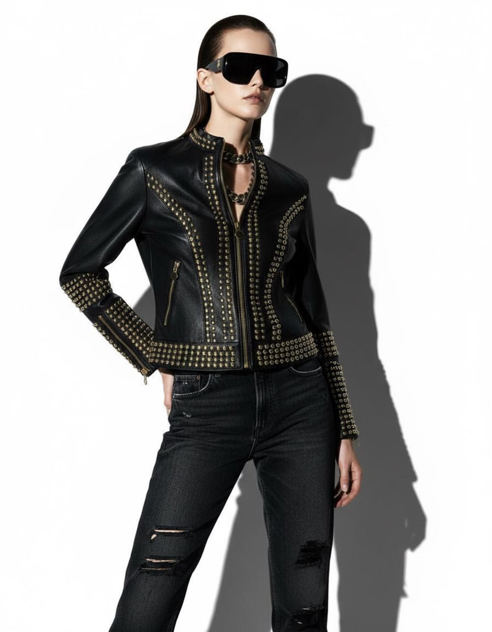 13 (3) Handmade Studded Black Leather Jacket • Gold Stud Embellished Women’s Designer Statement Biker Coat - Image 1