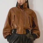 Handmade Women's Lambskin Leather Crop Bomber Jacket: Vintage Style