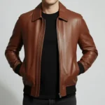 Men's Brown Leather Bomber Jacket with Collar - Classic Casual Ribbed Hem Zip-Up Lightweight Outerwear