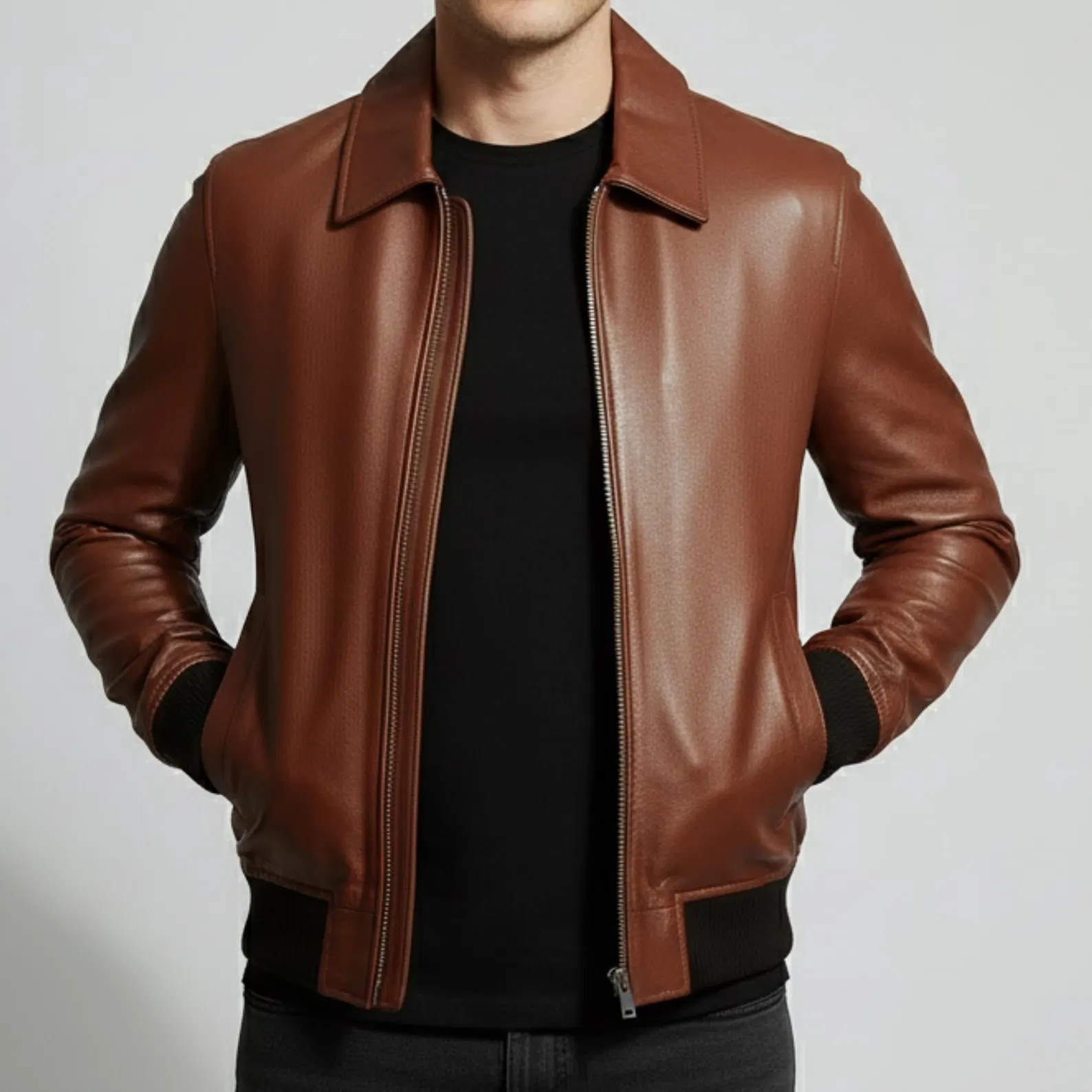 15 (1) Men's Brown Leather Bomber Jacket with Collar - Classic Casual Ribbed Hem Zip-Up Lightweight Outerwear - Image 1