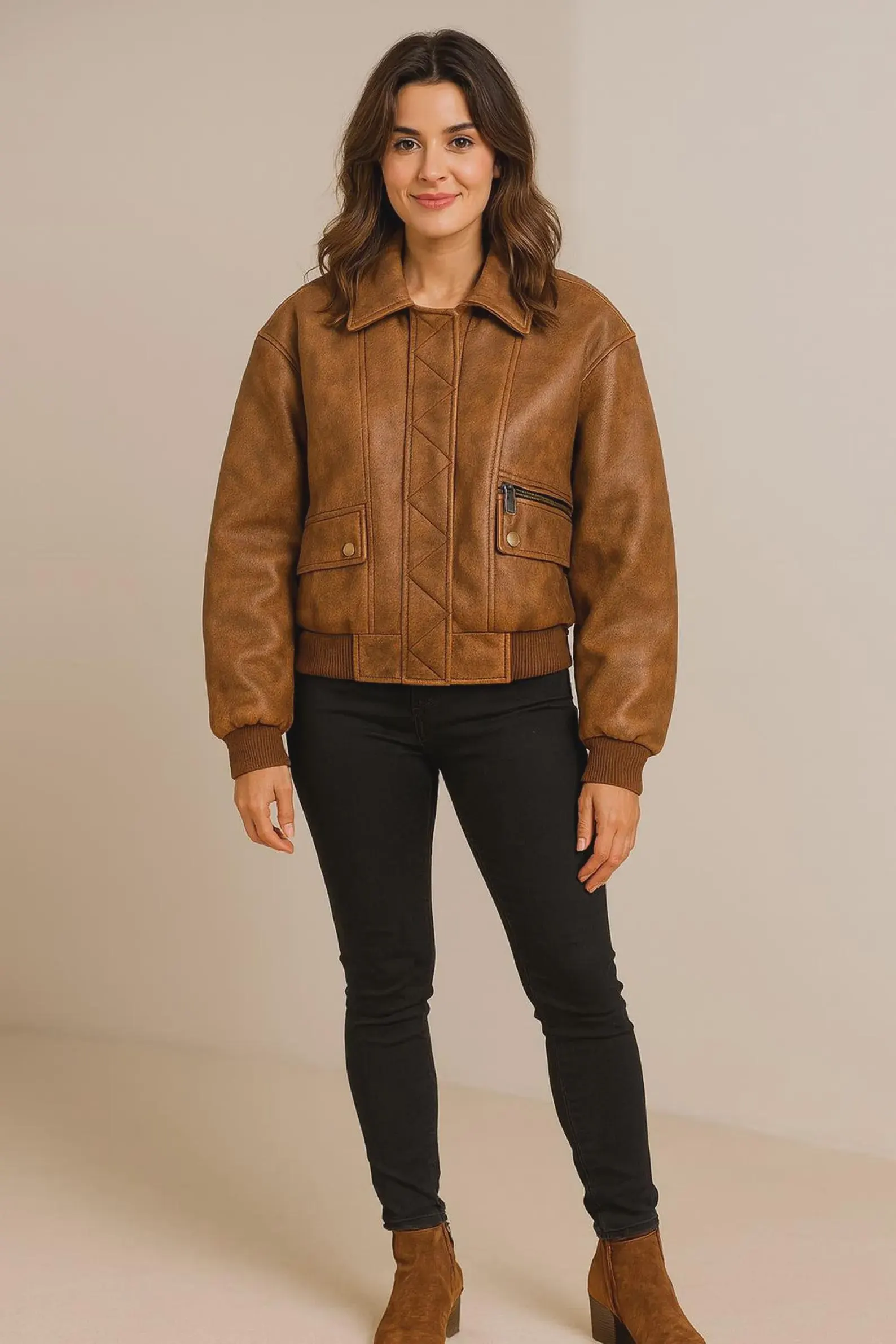 15 (1) Women's Bomber Leather Jacket-Handcrafted Brown full grain leather Coat-fashion Outwear - Image 1