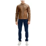 Men's Brown Moto Leather Jacket with Piping