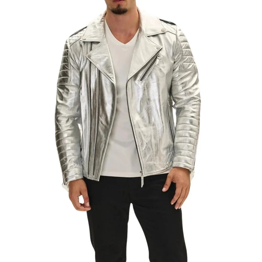 19 (4) Men's Silver Quilted Leather Moto Jacket - Image 1