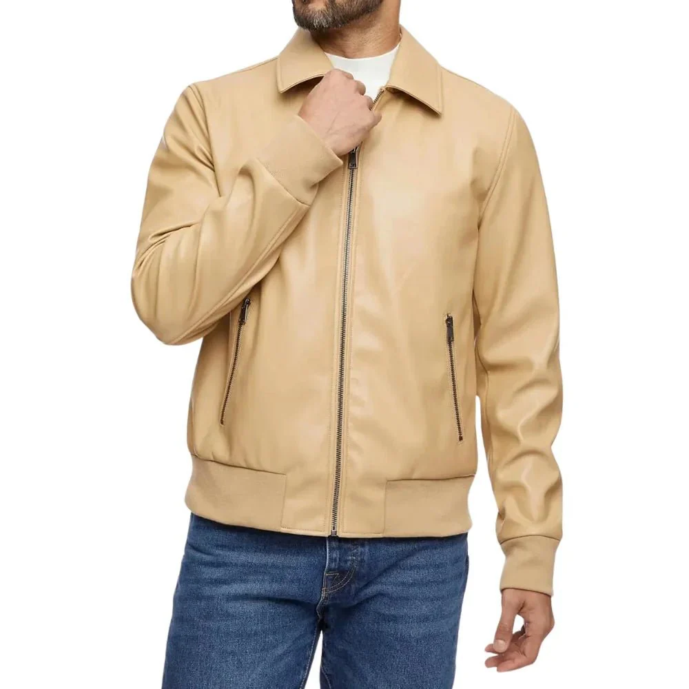 2 (3) Men’s Beige Bomber Leather Shirt Jacket - Image 1
