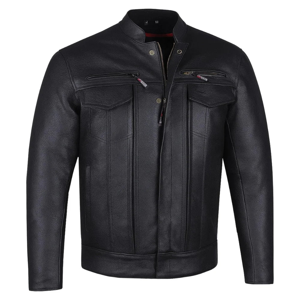 20 (1) Men's Buffalo Leather Black Motorcycle Jacket with Removable CE Armor - Image 1