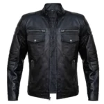Mens Slim Fit Double Pockets Real Black Leather Biker Jacket