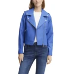 Ladies Real Lambskin Light Blue Moto Jacket