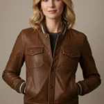 Handmade Women's Brown Leather Bomber Jacket with Ribbed Cuffs