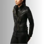 Women’s black leather biker jacket Slim Fit Moto Style Zip Up Motorcycle Outerwear