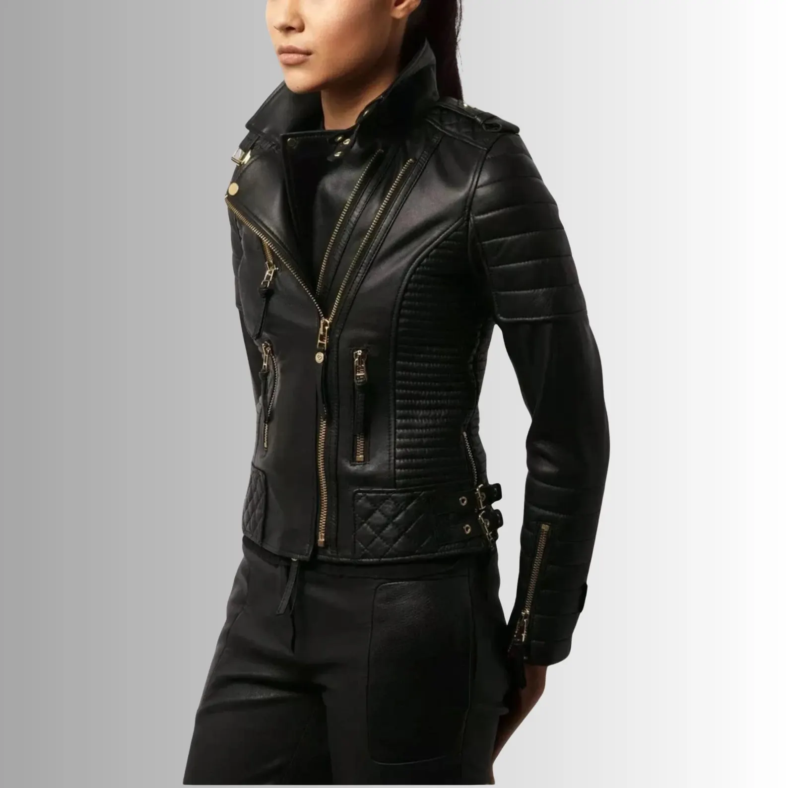 5 (1) Women’s black leather biker jacket Slim Fit Moto Style Zip Up Motorcycle Outerwear - Image 1