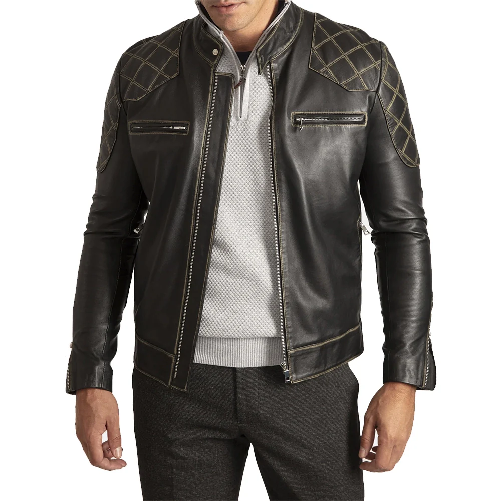5 (1) David Vintage Black Leather Biker Jacket Men's - Image 1