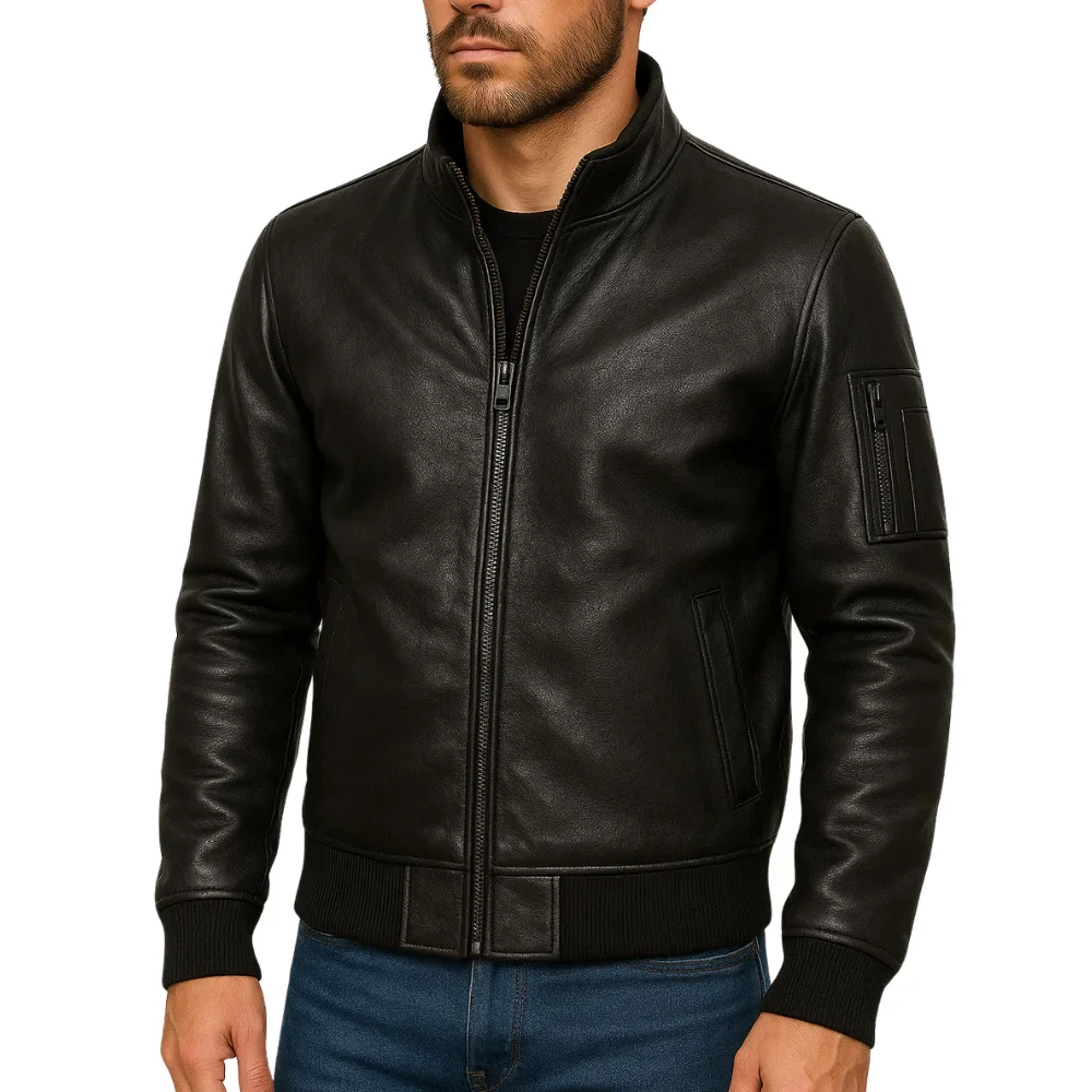 5 (6) Men's Black Cowhide Leather Bomber Jacket - Image 1