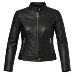 Handmade Black Leather Moto Jacket: Women's Biker Jacket with Gold Zippers