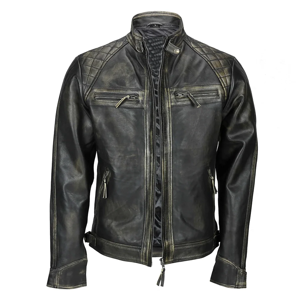 7 (2) Mens Distressed Real Lambskin Black Leather Biker Jacket - Image 1