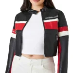 Ladies Cropped Red Black and White Leather Jacket