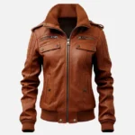 Women's Brown Bomber Jacket with Strap Pocket