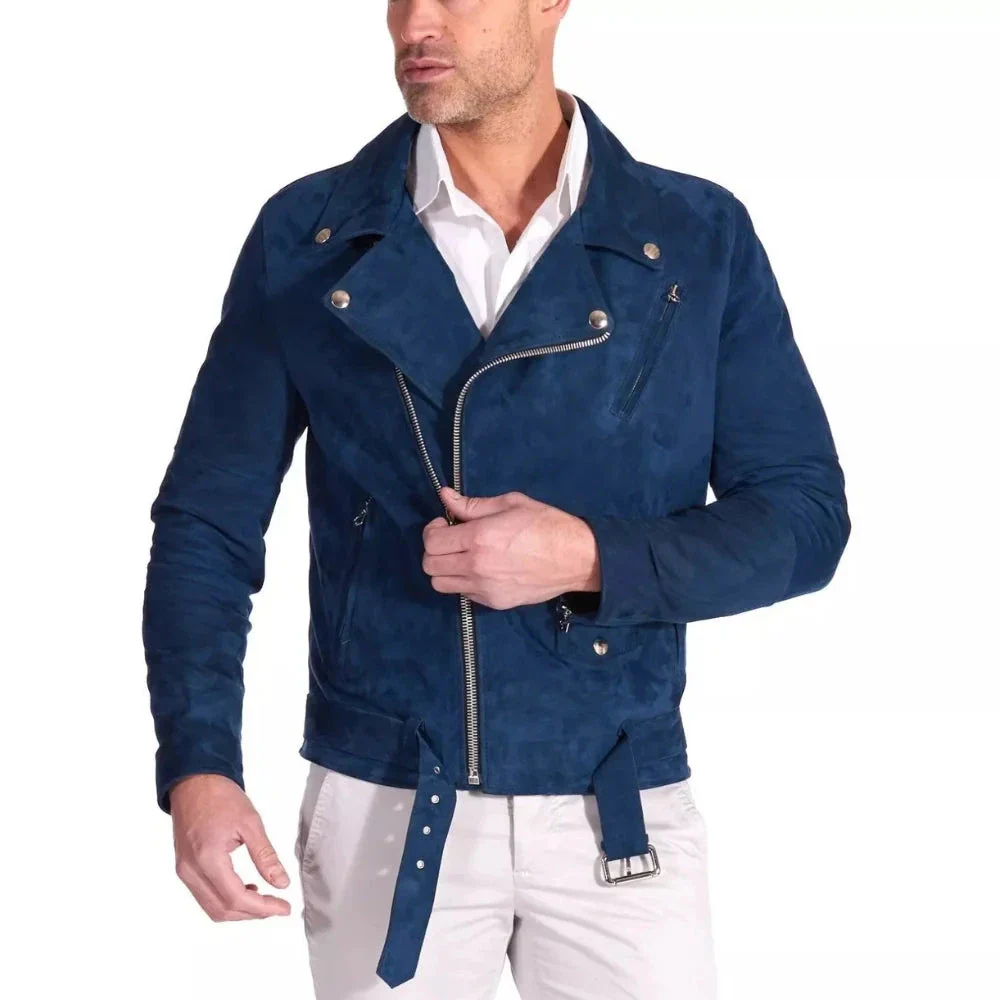 8 (2) Men's Biker Blue Suede Leather Jacket - Image 1