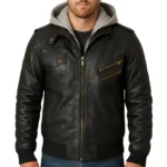 Mens Black Leather Bomber Jacket With Removable Hood