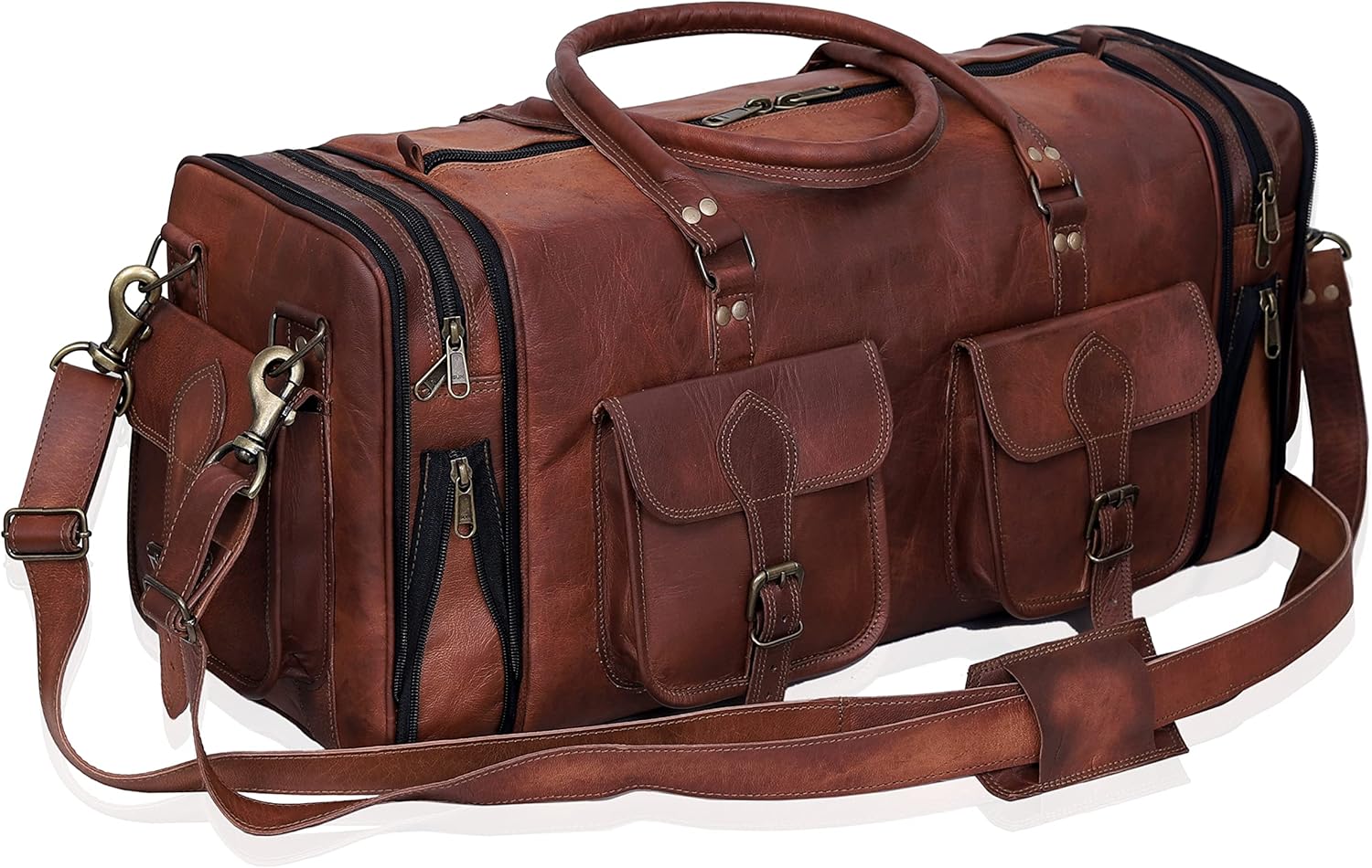 3-7.jpg Genuine Leather Duffle Bag 24 Inch Handmade Vintage Travel Case Luggage Bags for Men, Overnight Carry On Duffel Bag Medium Weeken - Image 1
