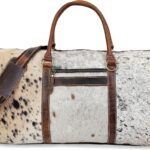 Leather cowhide Duffel Bag for Men & Women, Genuine Weekender Travel Bag, Handmade Overnight Gym Bag with Shoulder Strap, Carry-On for Business & Outdoor Travel (Hudson Hair Duffel, Black & White, 22 Inch)