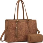 LOVEVOOK Laptop Bag for Women Vintage Leather Work Tote 15.6 inch Large Capacity Computer bag with Clutch Purse for Office, Travel, Casual