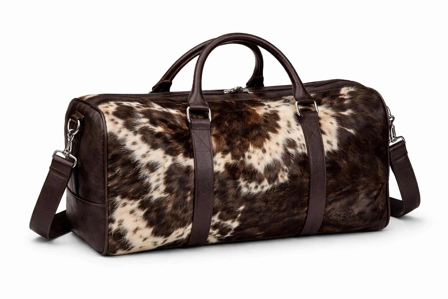 11 (1) Genuine Cowhide Leather Duffel Bag- Hair On Hide Chocolate Brown W Leather Trim - Image 1